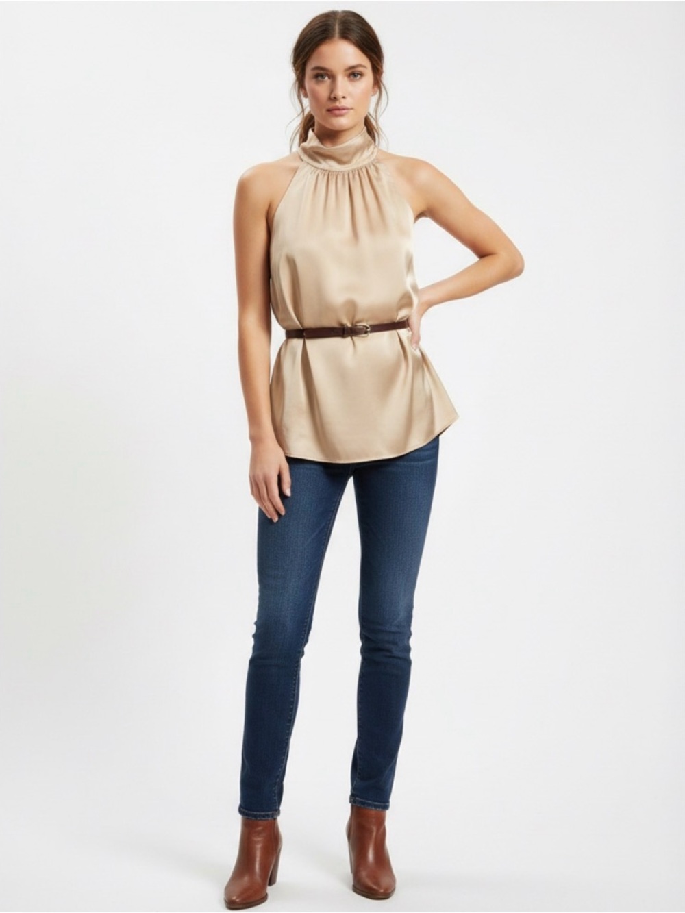 fab'rik Champagne High-Neck Satin Halter Camisole